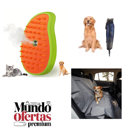 SUPER PACK MASCOTAS (CEPILLO DE VAPOR, MÁQUINA PARA CORTAR PELO Y CUBRE ASIENTOS DE AUTO)